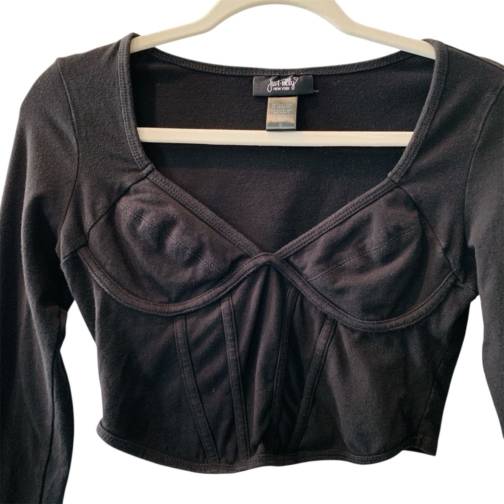 JUST POLLY Women’s Black Long Sleeve Crop Top Corset Style Small